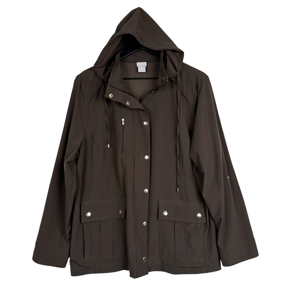 Chico's Zenergy Jacket Snap Button Brown Hooded Vented - Size 3 (16 US)